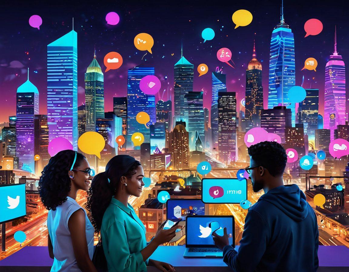 A vibrant and dynamic digital landscape showcasing diverse people engaging with interactive entertainment, like virtual games and social media posts. Include colorful speech bubbles filled with social media icons and emojis, surrounded by a futuristic city skyline in the background. Depict a sense of excitement and collaboration, with glowing elements and eye-catching visuals. super-realistic. vibrant colors. 3D.