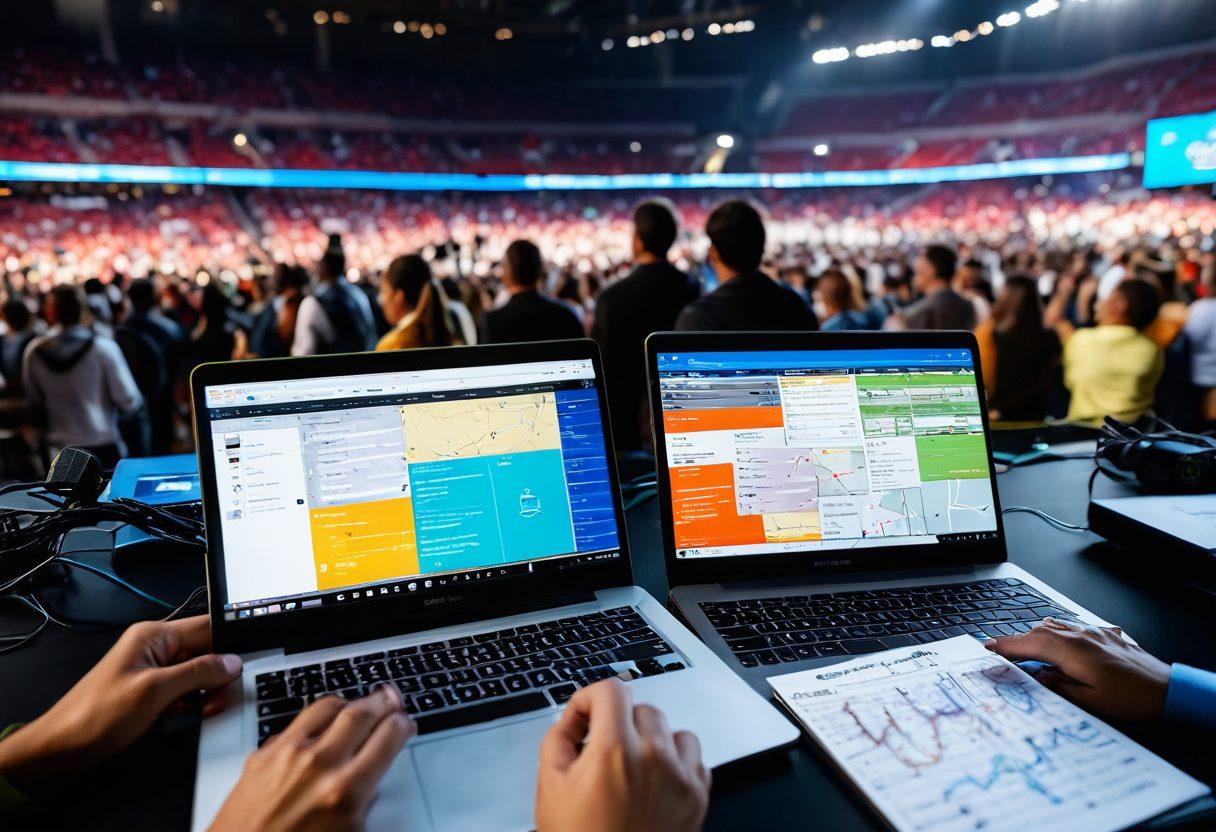 A dynamic scene capturing a diverse group of journalists and content creators passionately reporting on live events, featuring microphones, cameras, and laptops. In the background, a thrilling crowd at a sports arena or concert, emphasizing energy and excitement. The foreground includes a close-up of a strategy notebook with colorful notes and maps, symbolizing planning. Bright and engaging colors to reflect the fast-paced nature of live coverage. super-realistic. vibrant colors. 3D.